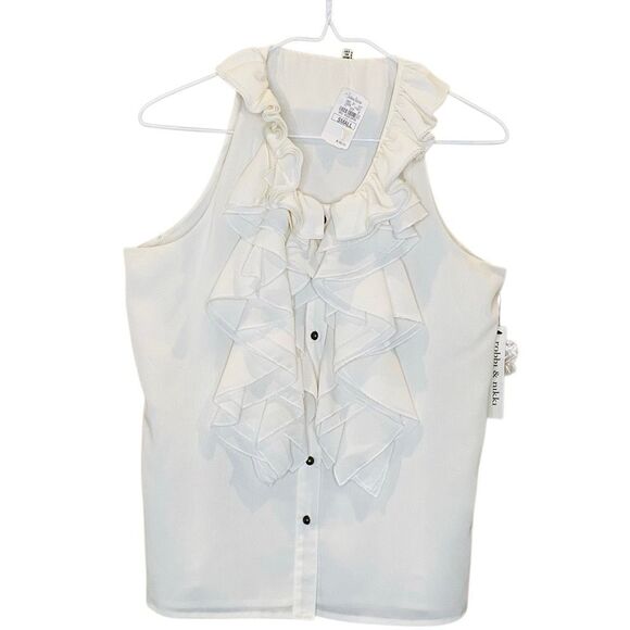NWT Robbi & Nikki Button Front Ruffle Trim Sleeveless Blouse Cream Small - Picture 2 of 6